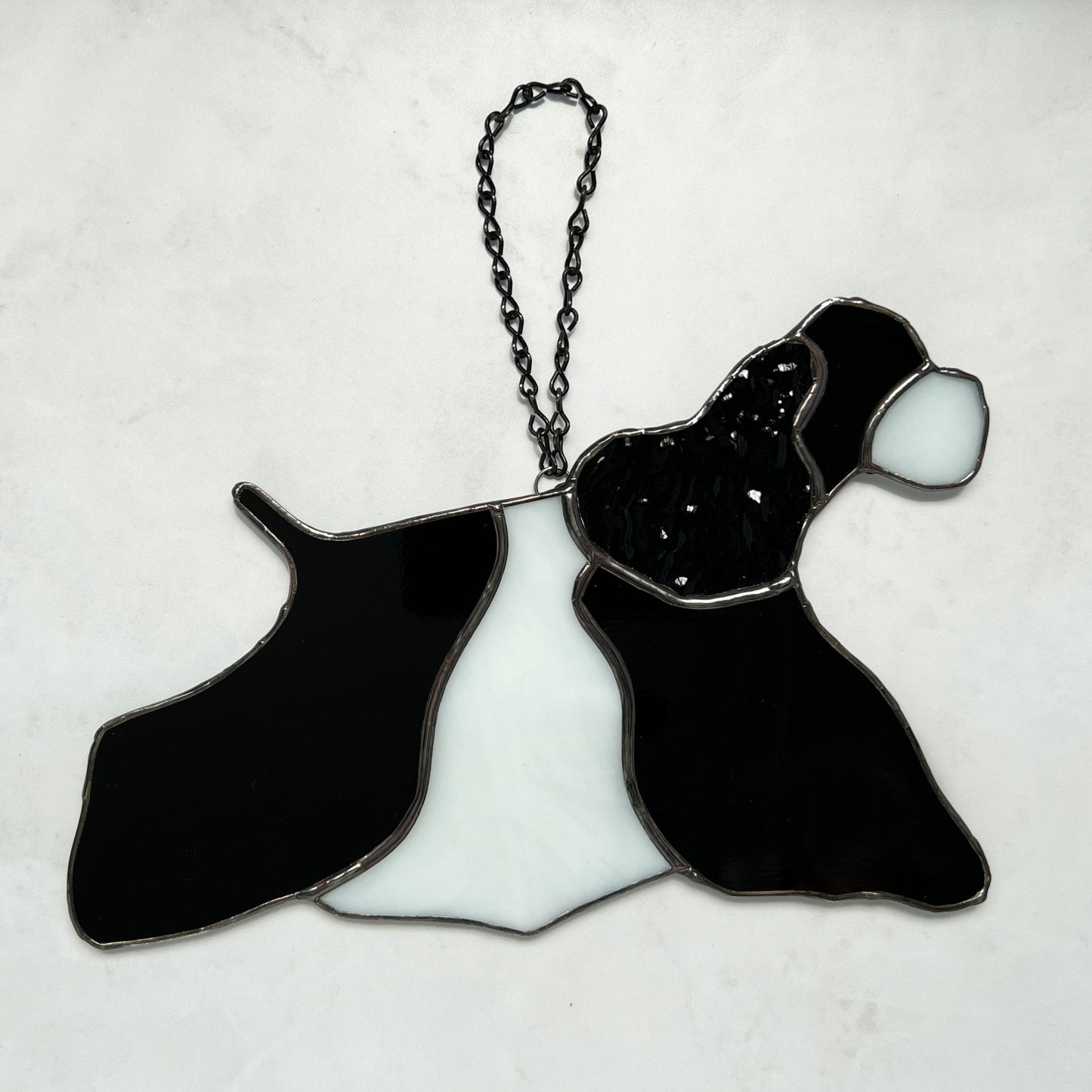 Stained Glass Suncatcher of an American Cocker Spaniel Black and White Parti dog in full competition mode. The ear is made with a rippled black textured glass making it appear realistic. He is facing to the right.
