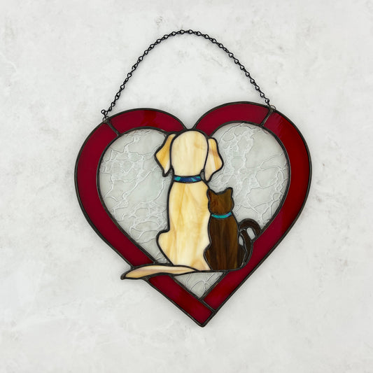 Dog and Cat Silhouette Heart Suncatcher