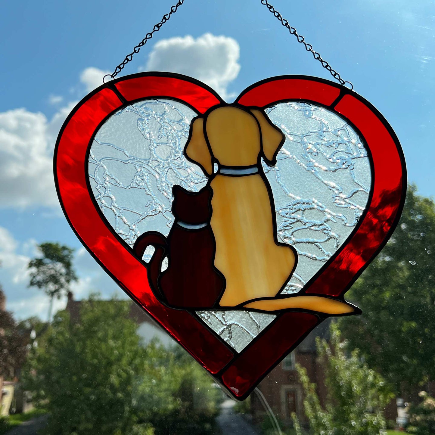 Dog and Cat Silhouette Heart Suncatcher