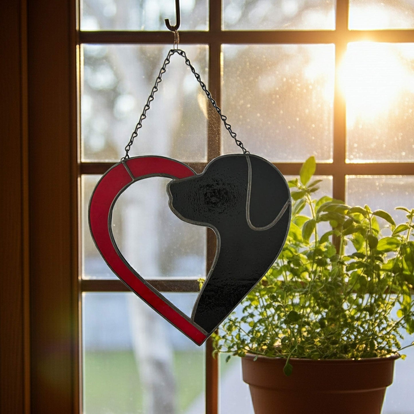 Dog Silhouette Stained Glass Heart Suncatcher - Black