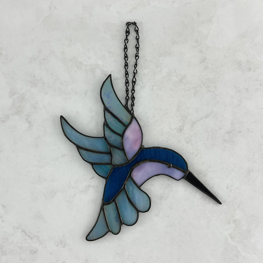 Hummingbird Zipping towards a Flower Stained Glass Suncatcher