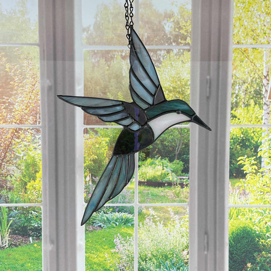 Hummingbird in Flight Stained Glass Suncatcher - Teal, Purple & Iridescent Pink