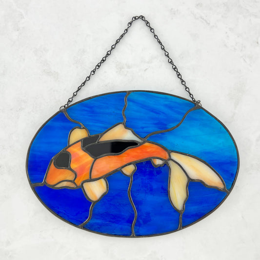 Koi Fish Stained Glass Suncatcher Swimming in a Pond of Blue