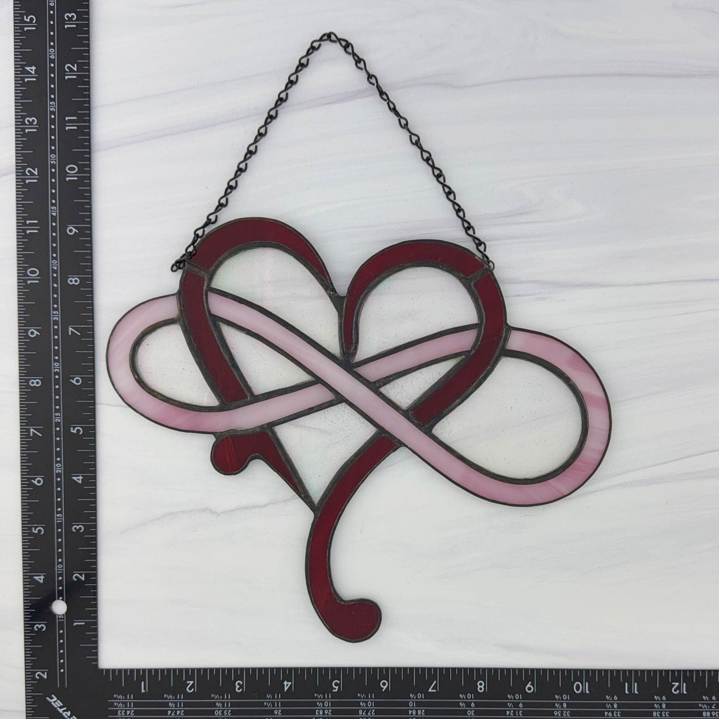Modern Infinity Stained Glass Heart Suncatcher - Red, Pink Iridescent, White Swirl
