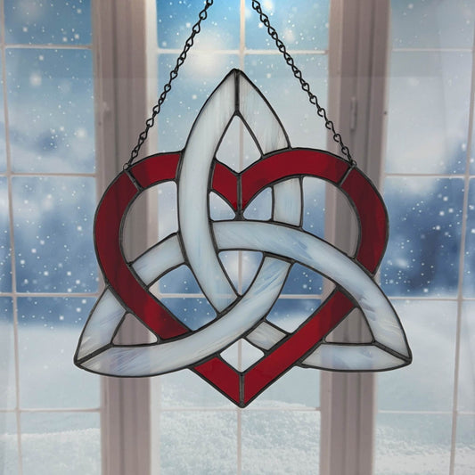 Celtic Triquetra Stained Glass Heart (Celtic Sisters Knot) Suncatcher - Red/White