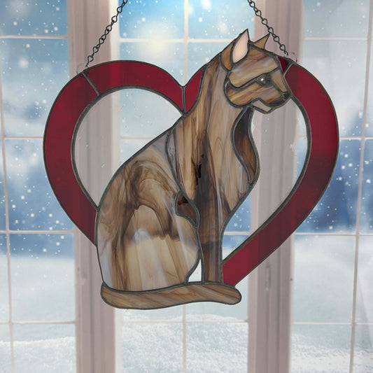 Cat Stained Glass Suncatcher Sitting in a Heart