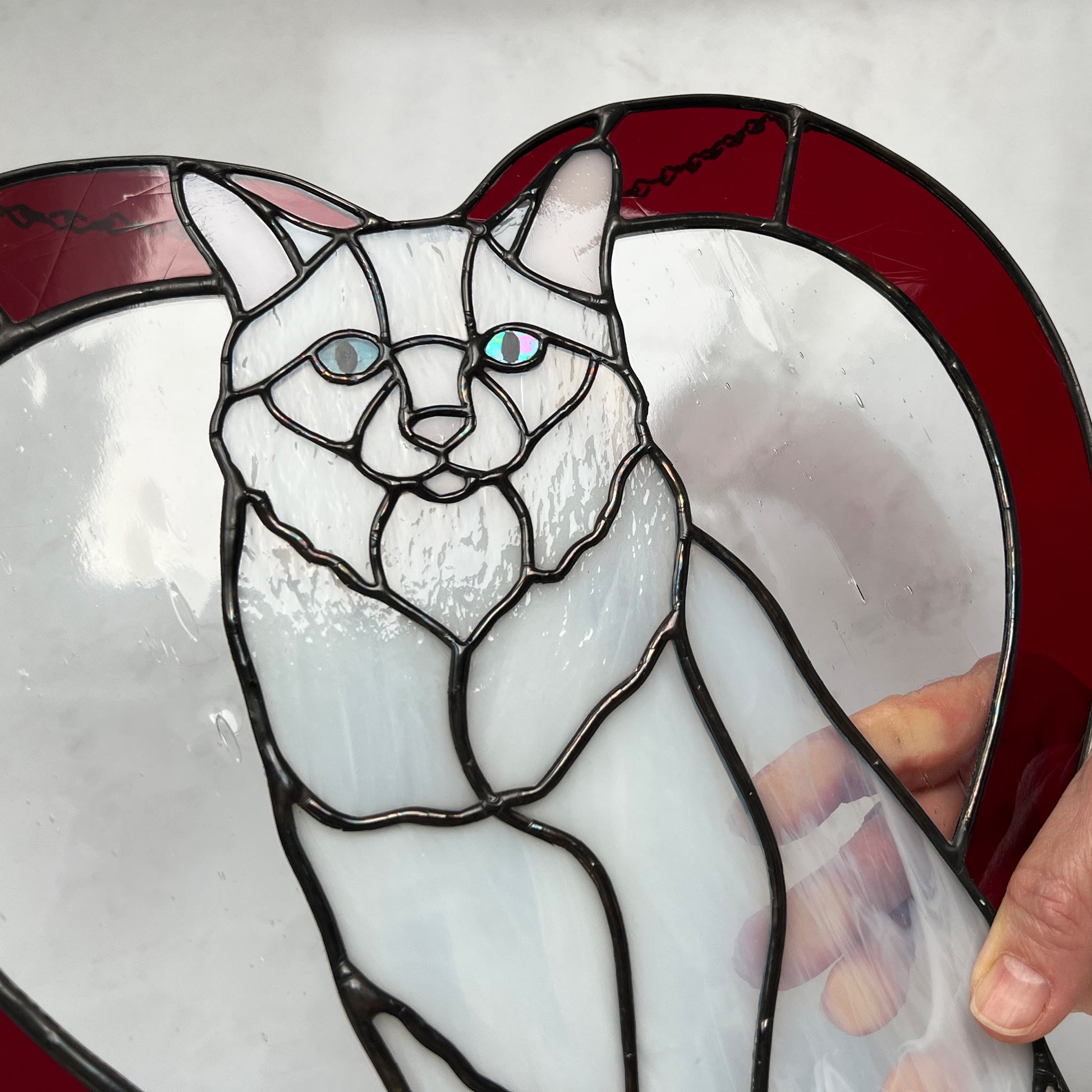 An all white stained glass sitting cat surrounded by a red heart. The glass used for the white fur is textured to resemble real fur and the eyes are an iridescent blue.  Light pink is used for the inner ear and the nose. A clear rainy glass is used between the cat and the heart for stability. This picture shows a hand holding the cat so you can get a sense of the size.