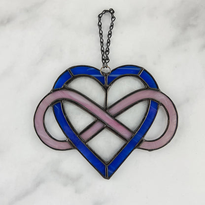Infinity Heart Suncatcher - Pink and Blue with Clear Leaf glass (5.5 x 6.5)