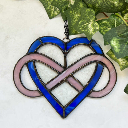 Infinity Heart Suncatcher - Pink and Blue with Clear Leaf glass (5.5 x 6.5)