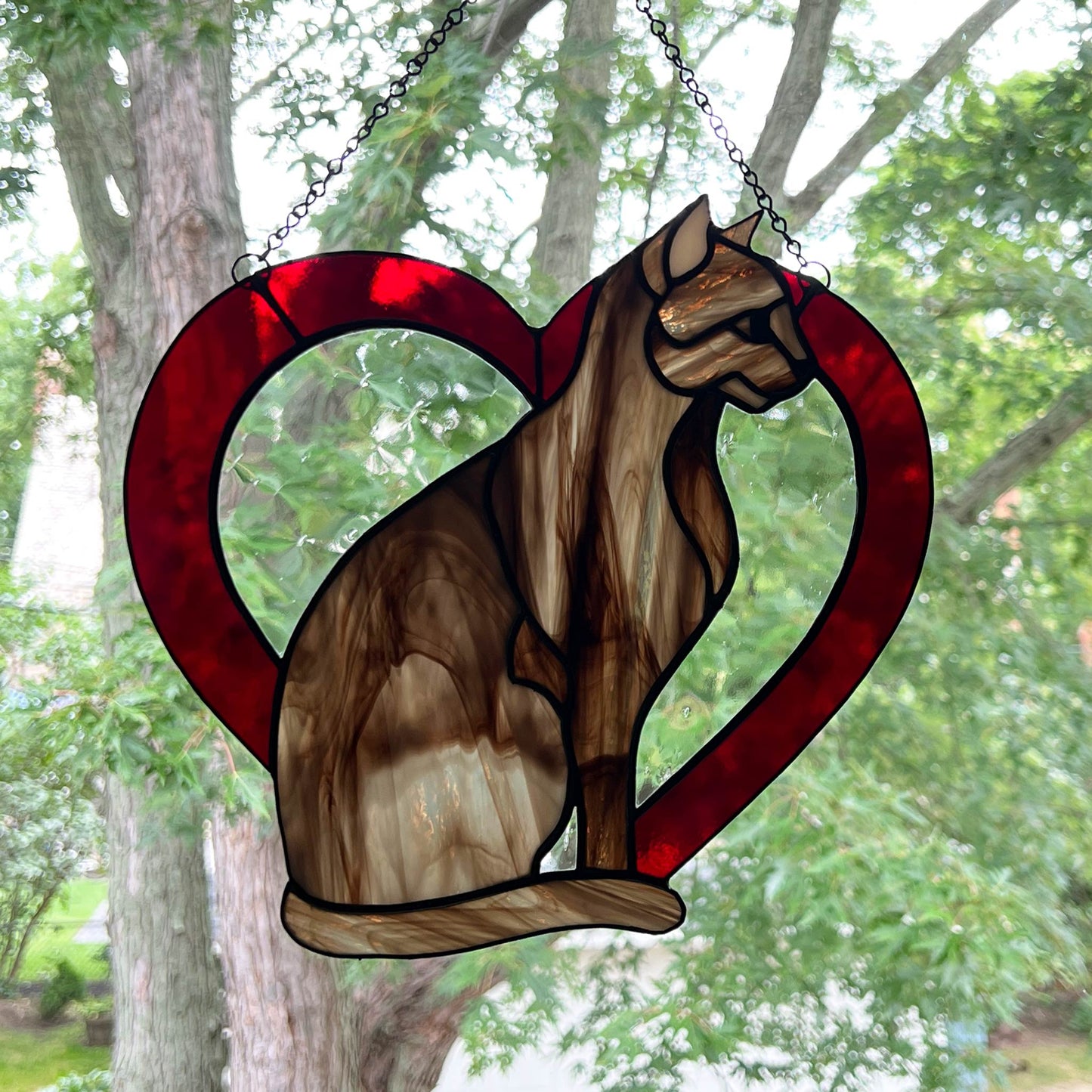 Stained Glass Sitting brown cat suncatcher in a red heart
