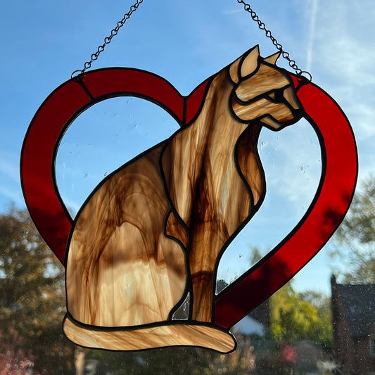 Stained Glass Sitting brown cat suncatcher in a red heart