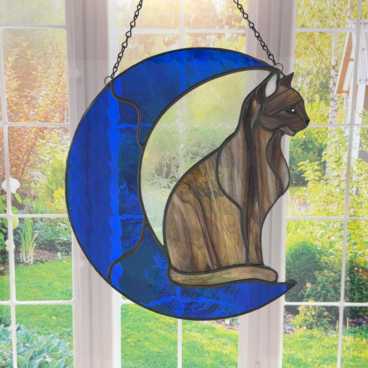Brown Stained Glass Cat on a Bright Blue Moon – Stained Glass Stitcher