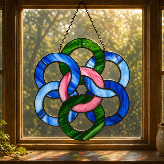 Celtic Stained Glass Interlocking Rings Suncatcher - Blues, Green, Pink