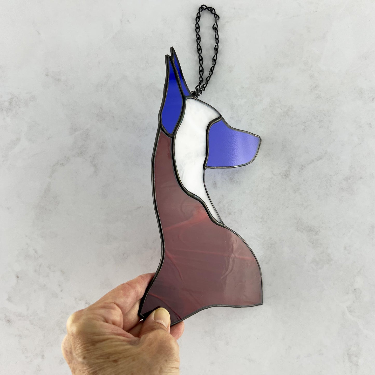 Red, White, and Blue Doberman Pinscher Stained Glass Suncatcher