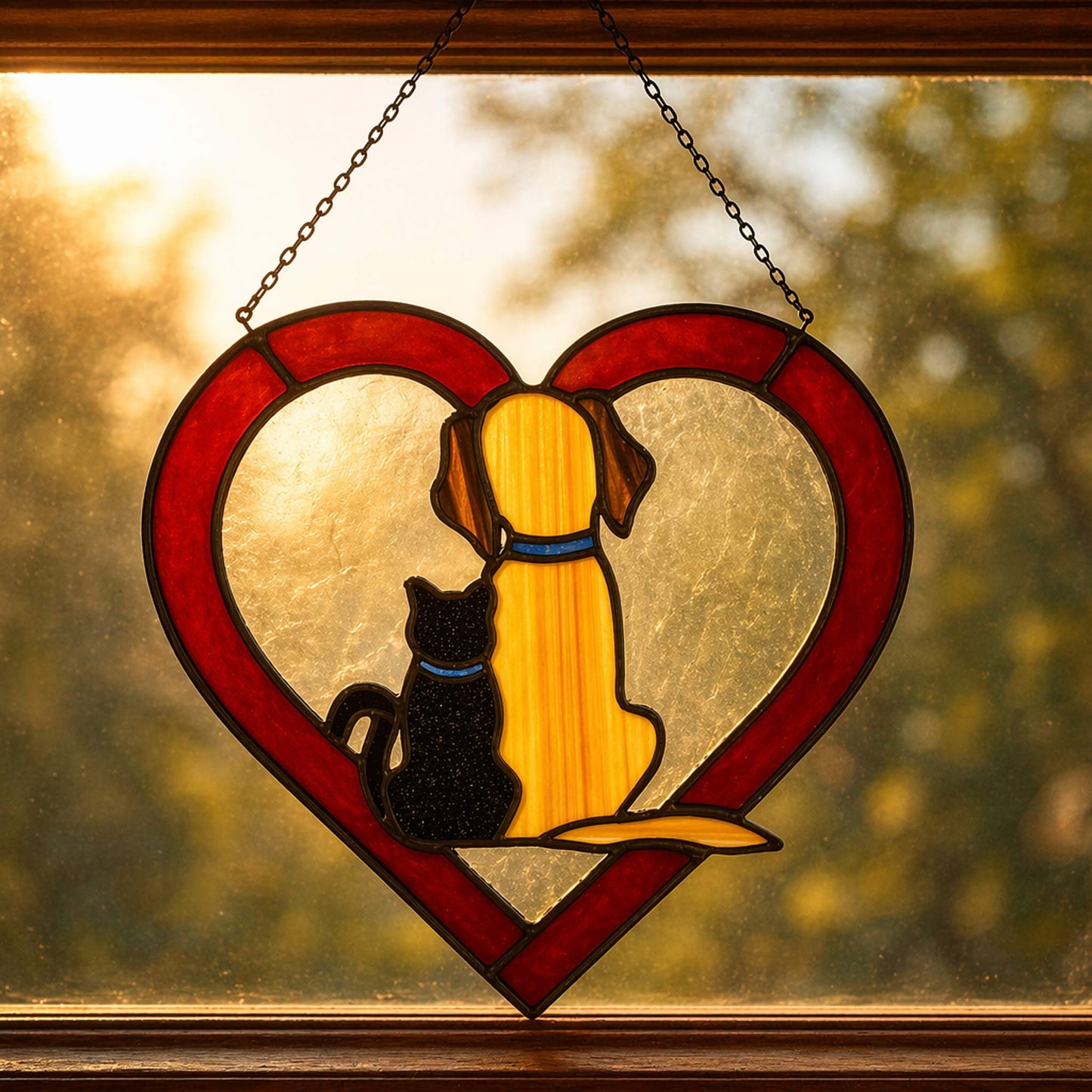 Dog and Cat Silhouette Heart Stained Glass Suncatcher with Black Cat