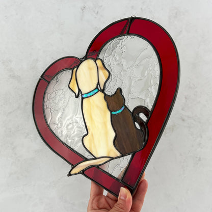 Dog and Cat Silhouette Heart Suncatcher