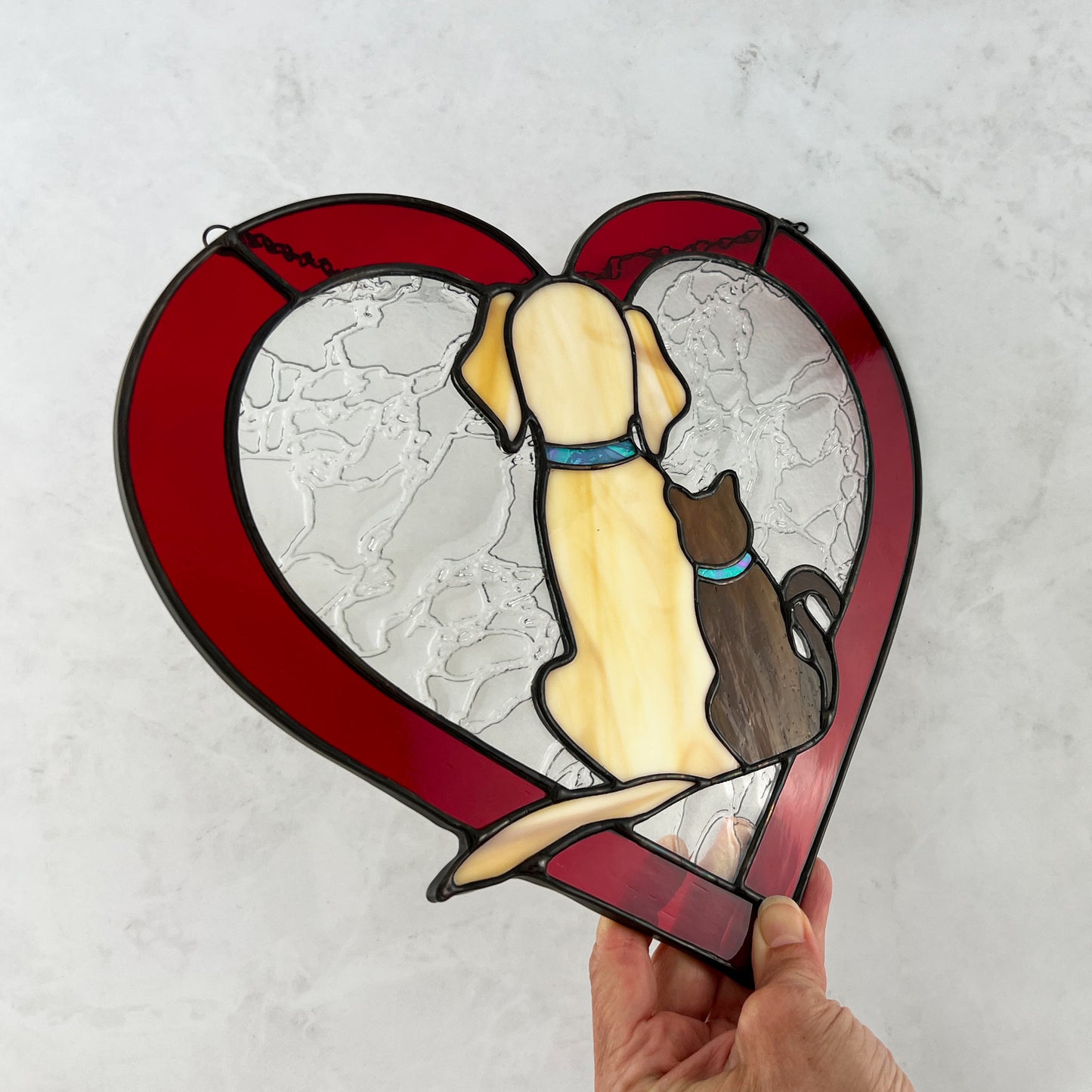 Dog and Cat Silhouette Heart Suncatcher