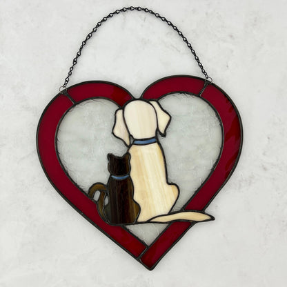 Dog and Cat Silhouette Heart Suncatcher