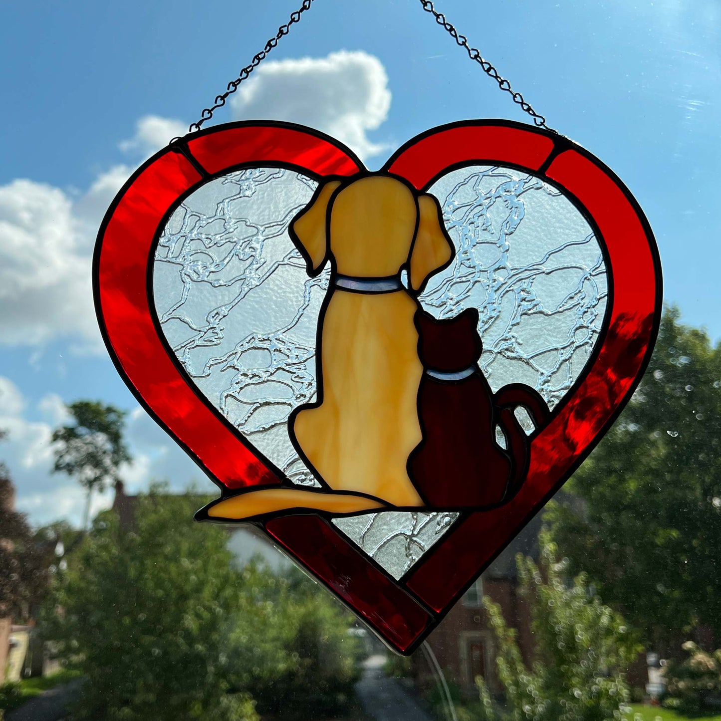 Dog and Cat Silhouette Heart Suncatcher