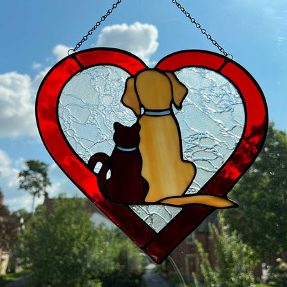 Dog and Cat Silhouette Heart Suncatcher