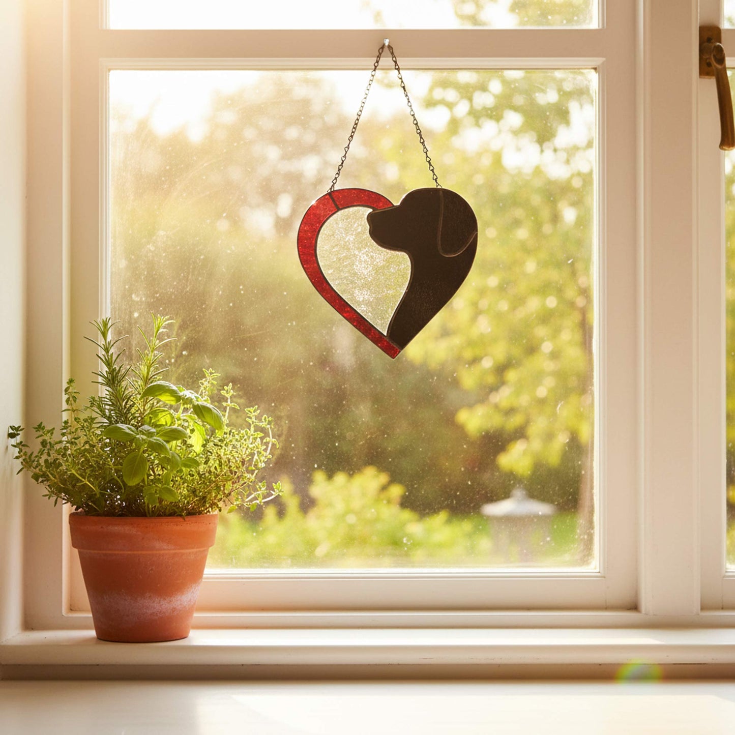 Dog Silhouette Stained Glass Heart Suncatcher - Black