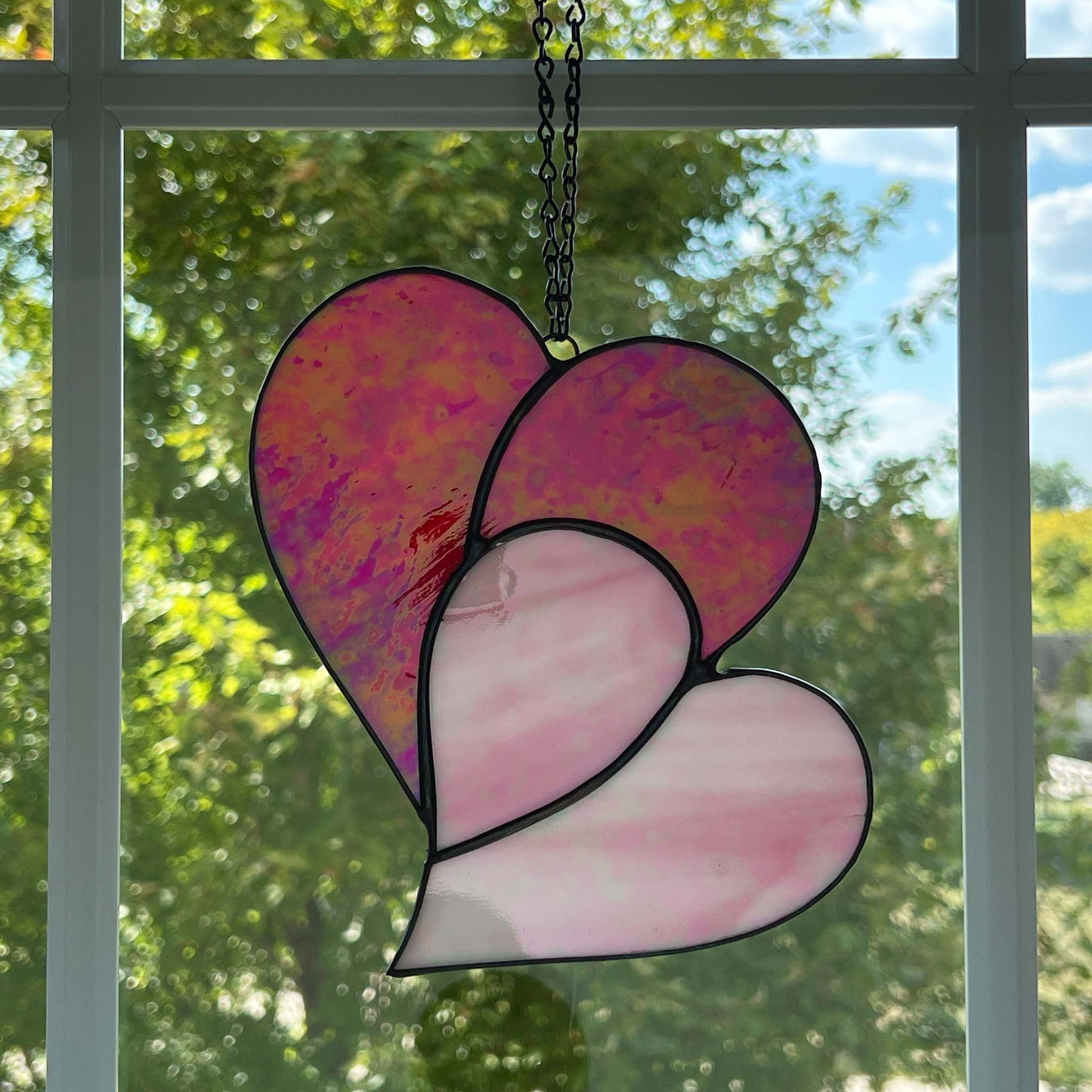 Heart Suncatcher - Double Heart in Red & Pink Iridescent