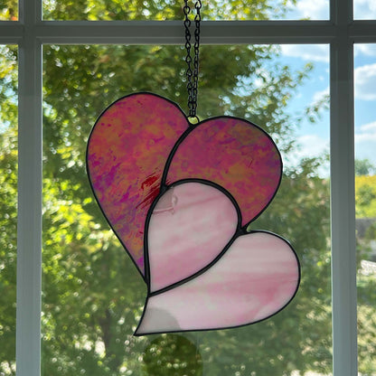 Heart Suncatcher - Double Heart in Red & Pink Iridescent