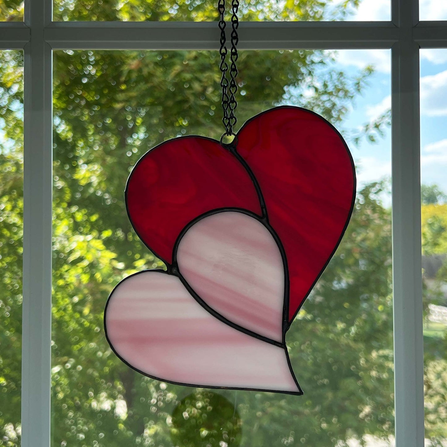 Heart Suncatcher - Double Heart in Red & Pink Iridescent