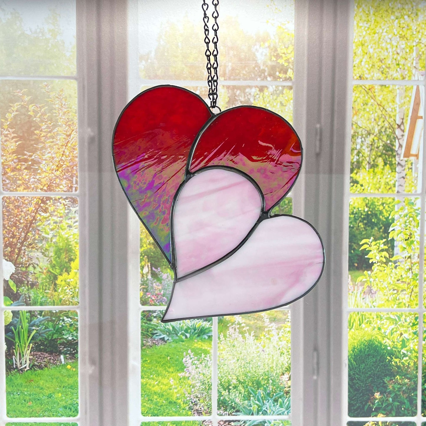 Heart Suncatcher - Double Heart in Red & Pink Iridescent
