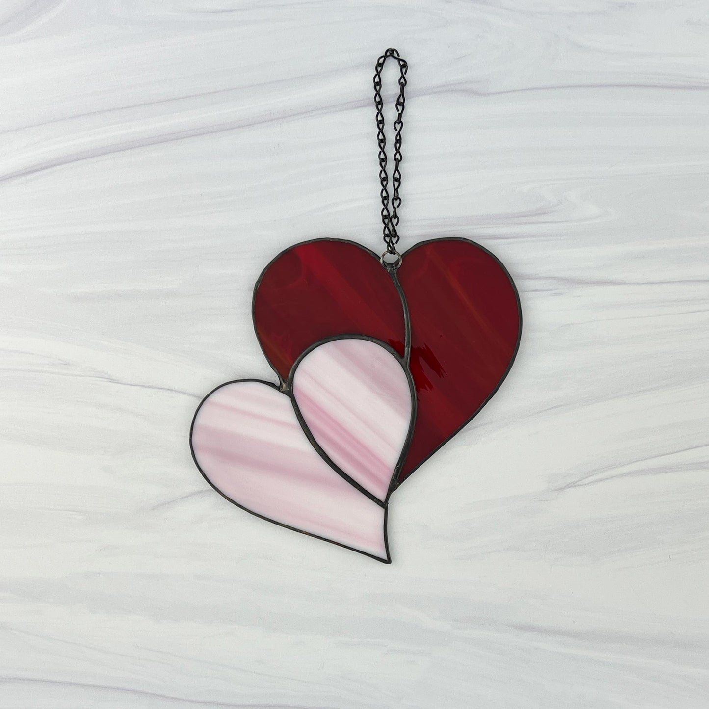 Heart Suncatcher - Double Heart in Red & Pink Iridescent
