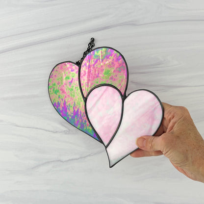 Heart Suncatcher - Double Heart in Red & Pink Iridescent