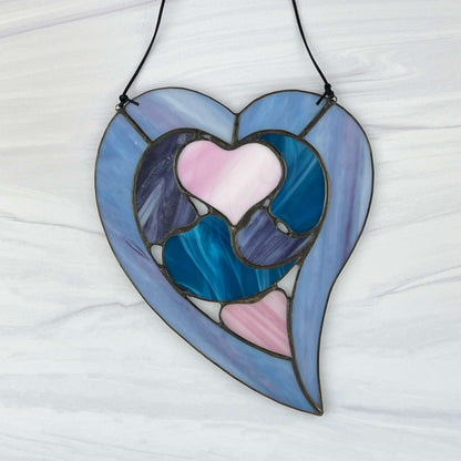 Hearts within a Heart Suncatcher - Blue, Pink, Purple