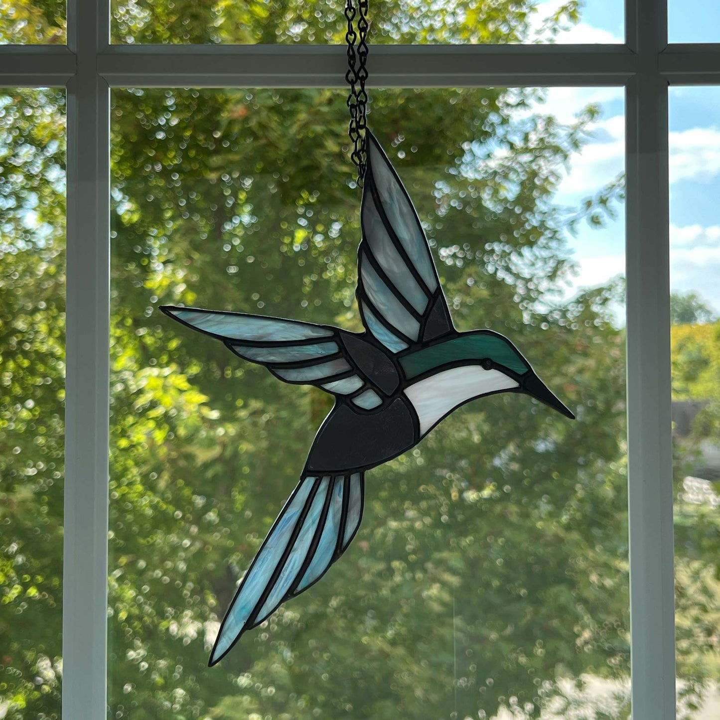 Hummingbird in Flight - Teal, Purple & Iridescent Pink