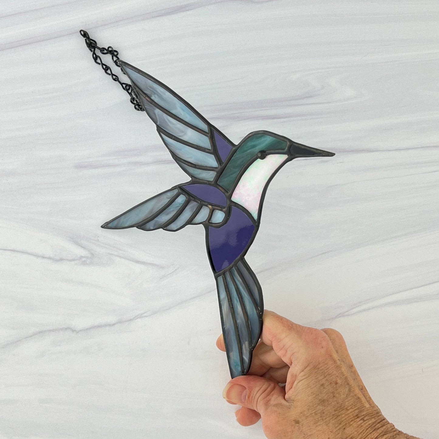 Hummingbird in Flight - Teal, Purple & Iridescent Pink