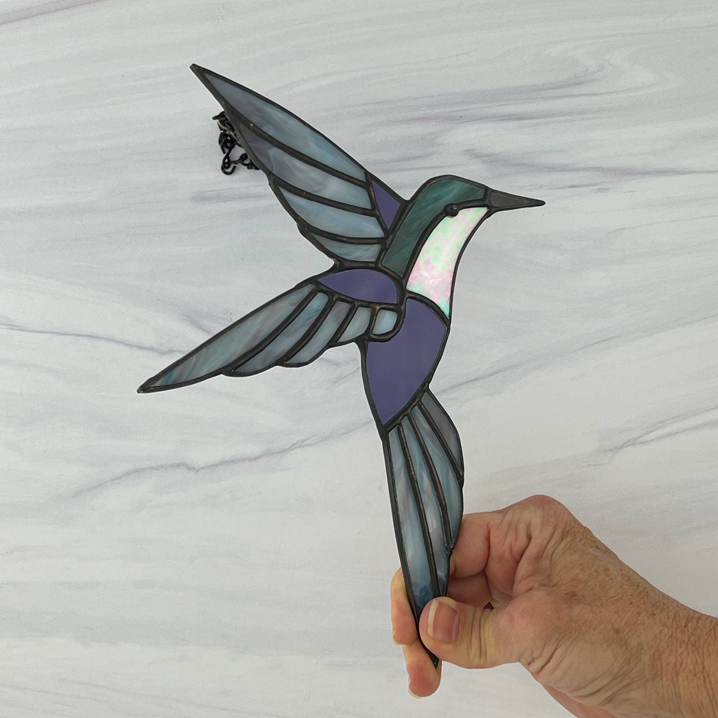 Hummingbird in Flight - Teal, Purple & Iridescent Pink