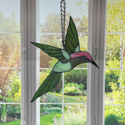 Hovering Hummingbird in Greens, Pink, Purple