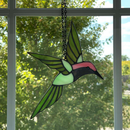 Hovering Hummingbird in Greens, Pink, Purple