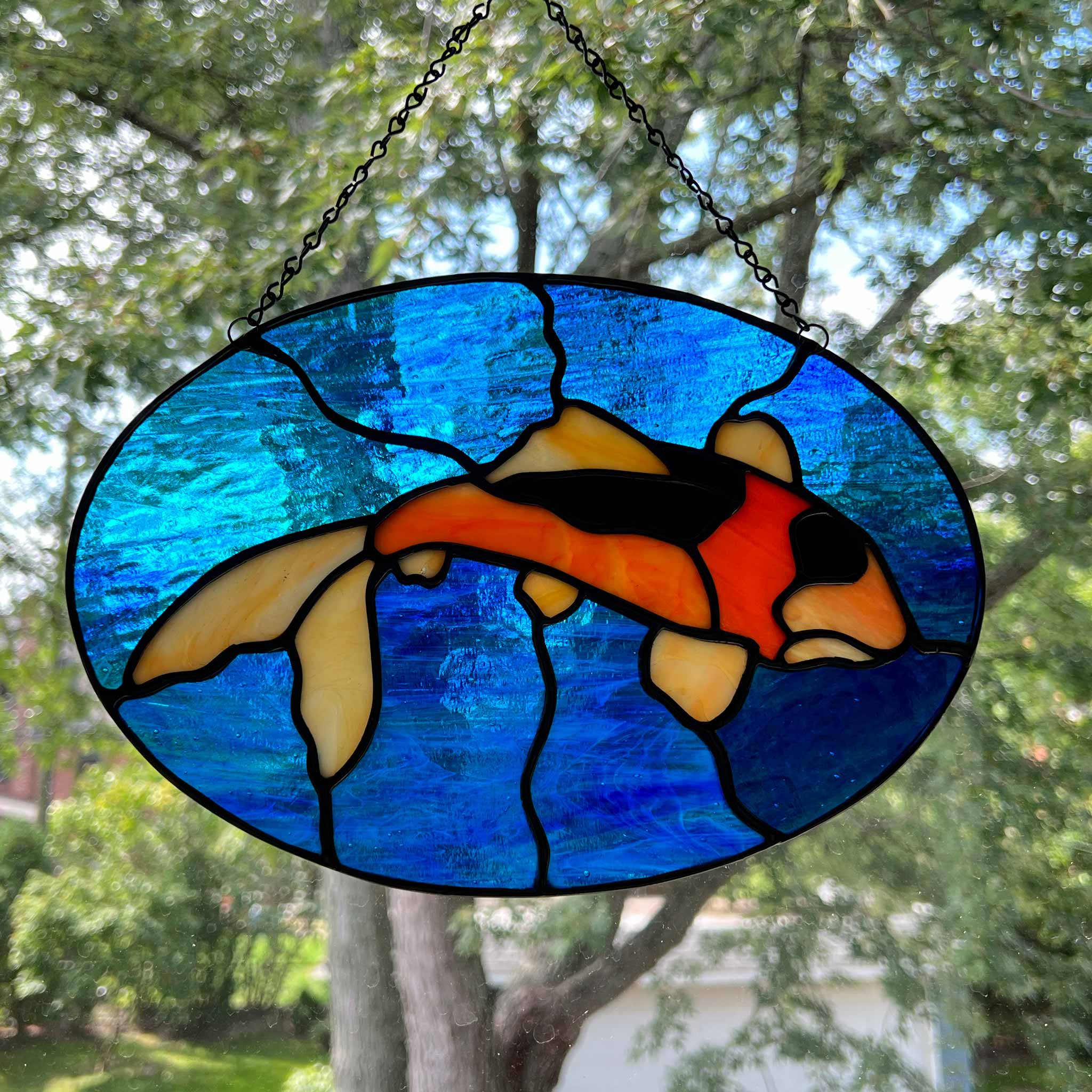 Koi Fish Suncatcher Swimming in a Pond Fused Glass Window Hanging Panel store #jp2019030