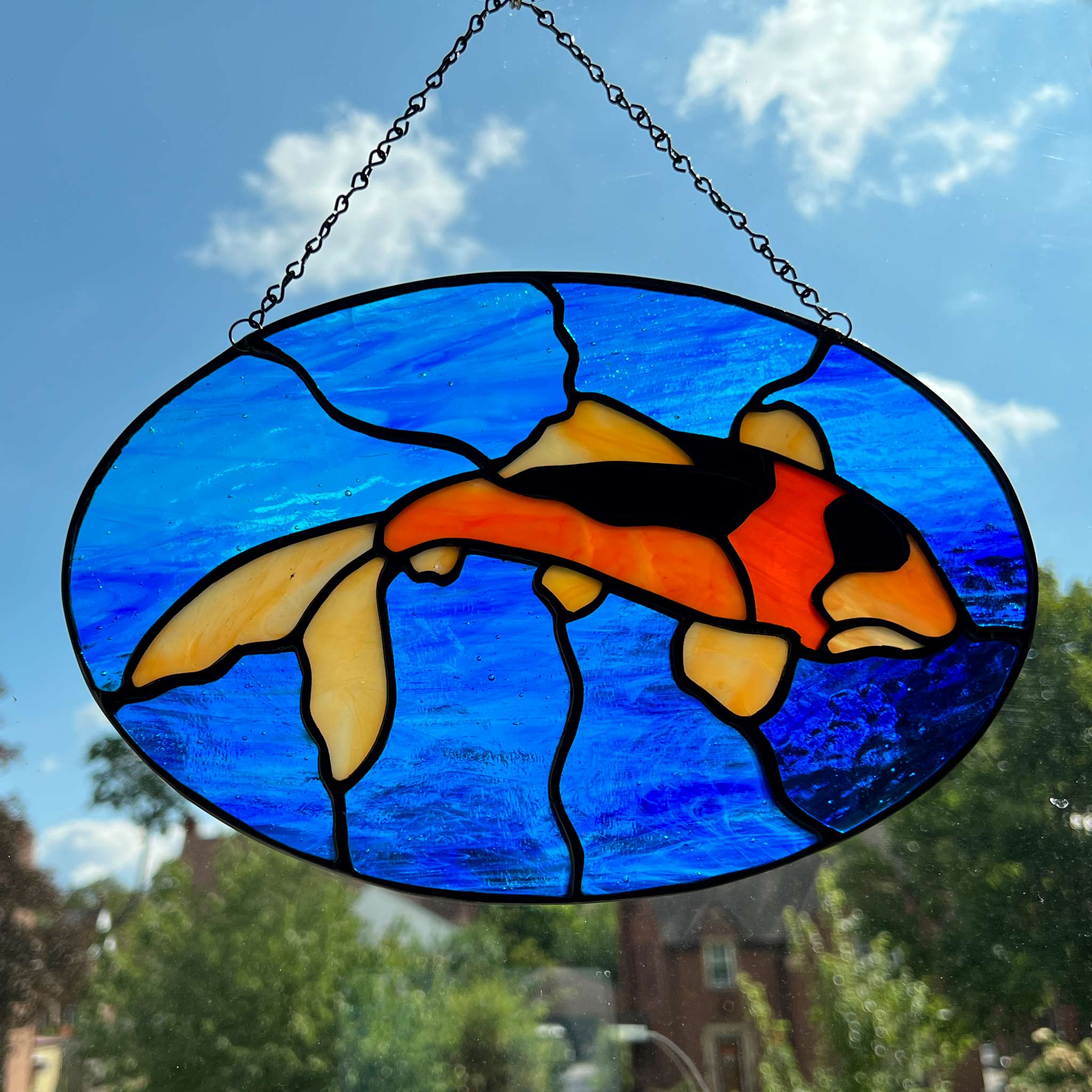 Koi shops Fish Suncatcher Swimming in a Pond Fused Glass Window Hanging Panel #jp2019030