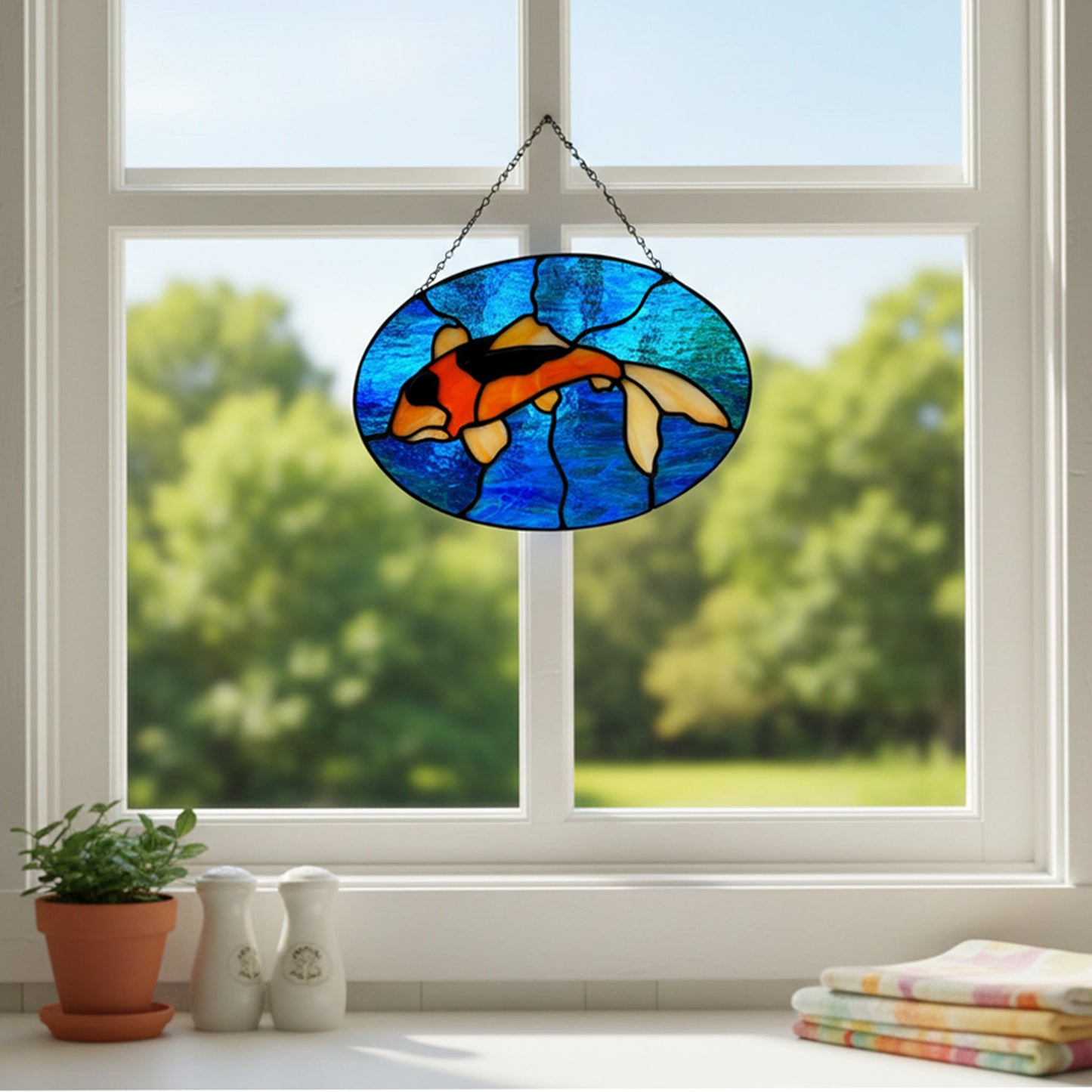 Koi Fish Stained Glass Suncatcher Swimming in a Pond of Blue