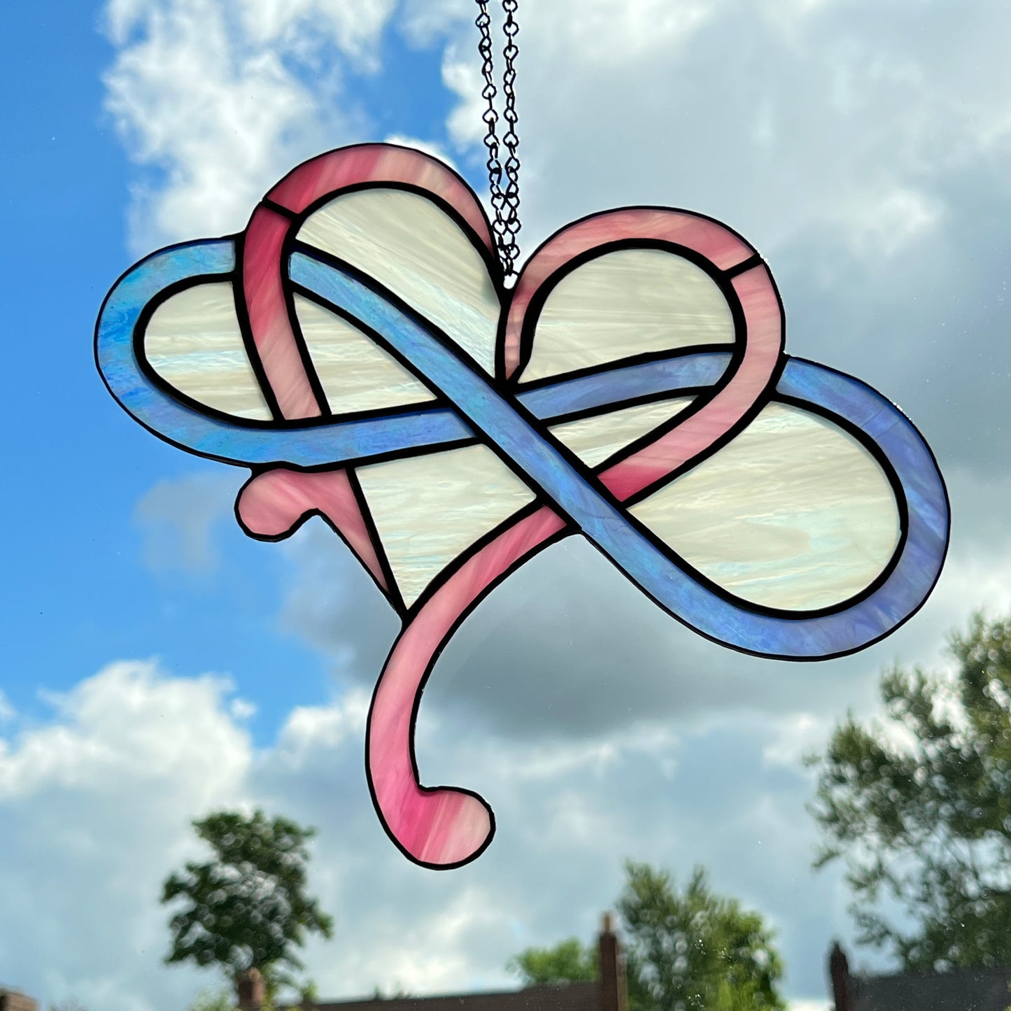 Modern Infinity Heart Suncatcher - Pink, Blue Iridescent and White Swirl