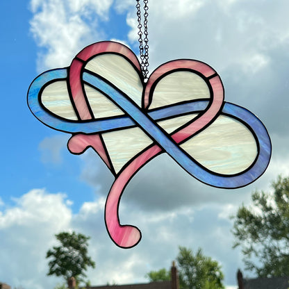 Modern Infinity Heart Suncatcher - Pink, Blue Iridescent and White Swirl