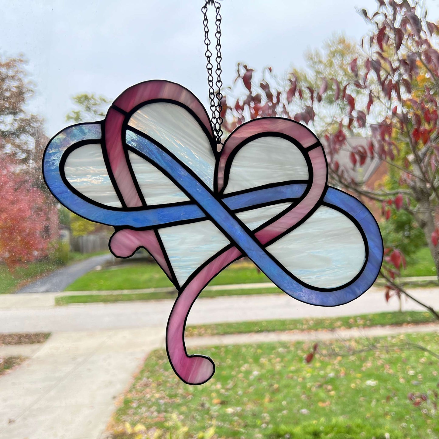 Modern Infinity Heart Suncatcher - Pink, Blue Iridescent and White Swirl