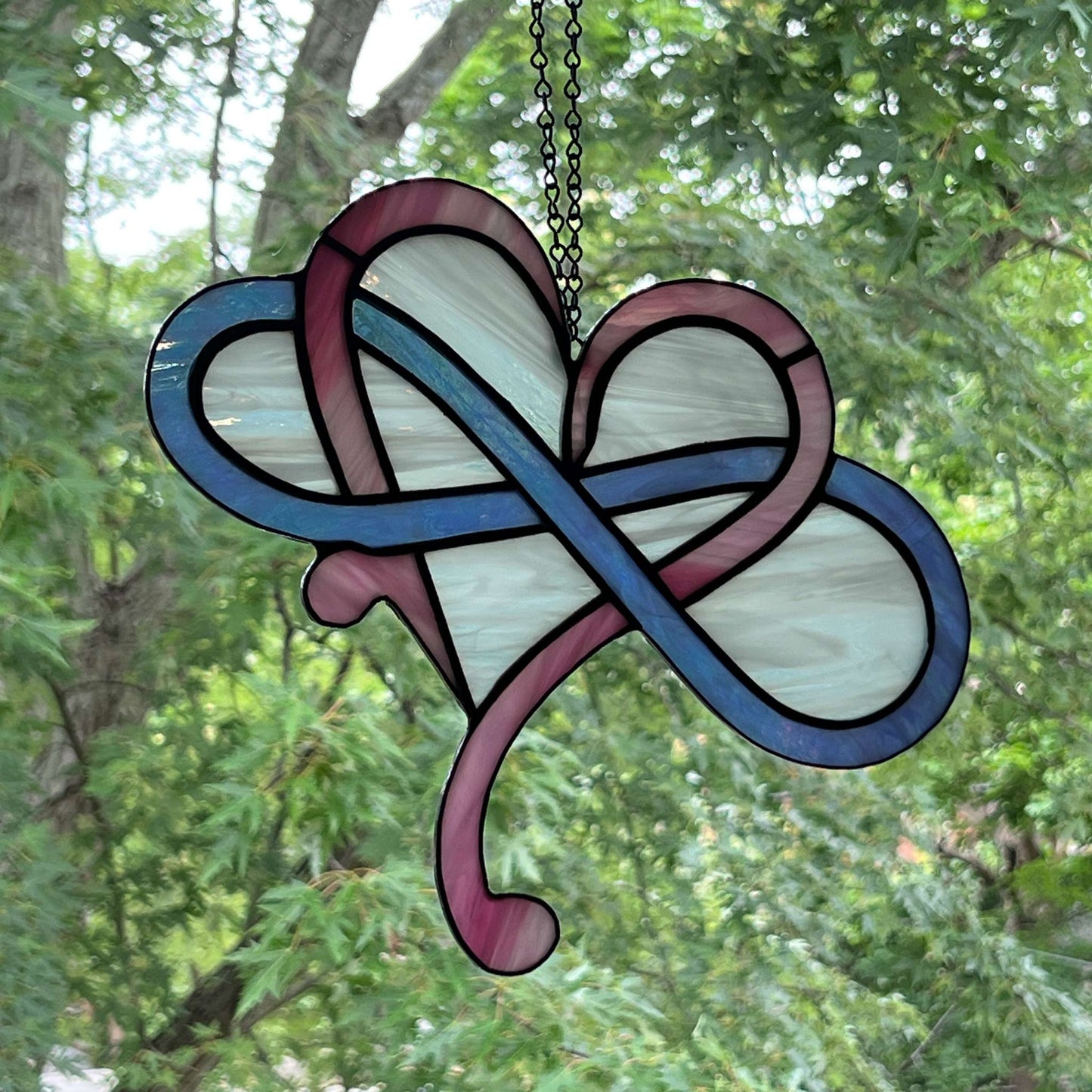Modern Infinity Heart Suncatcher - Pink, Blue Iridescent and White Swirl