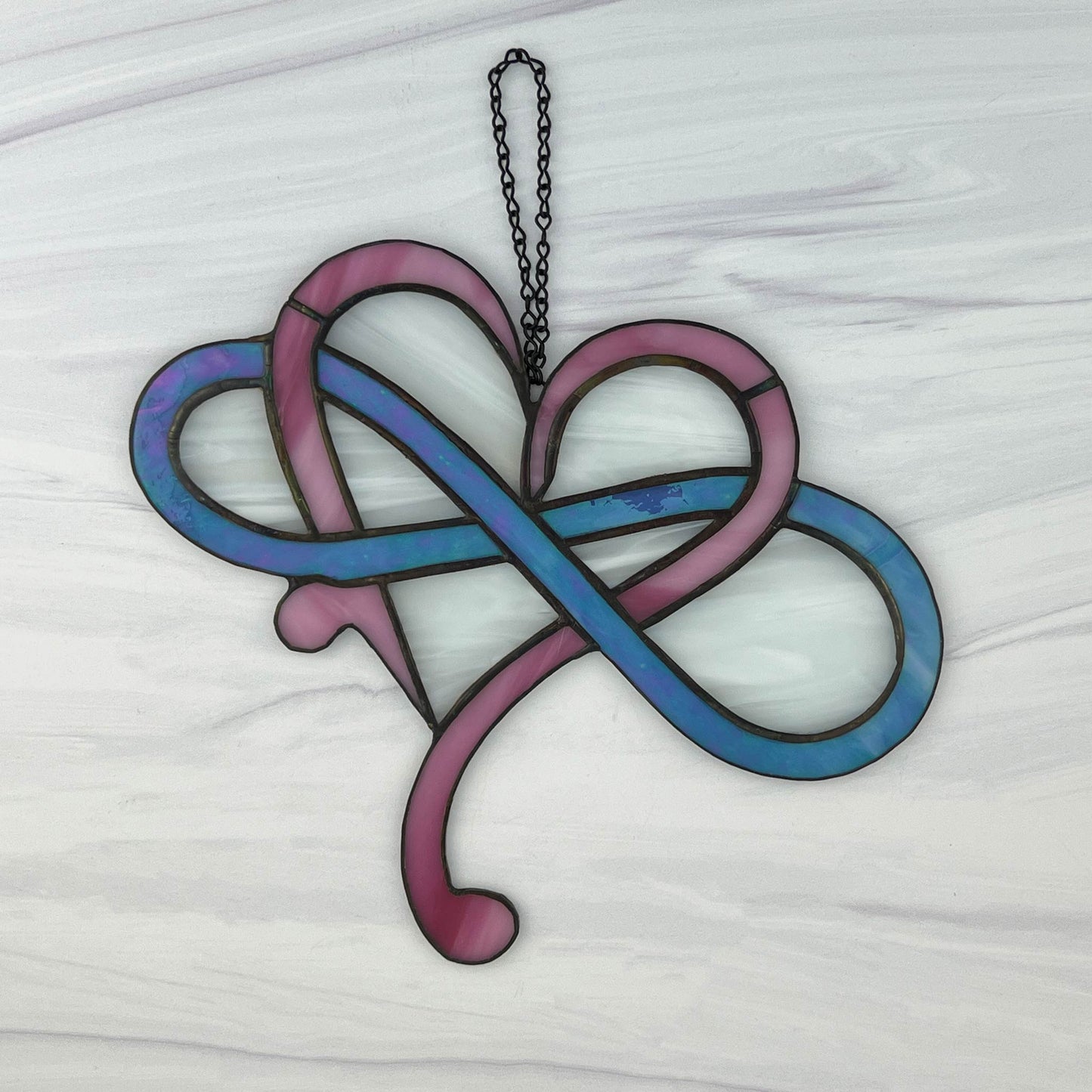 Modern Infinity Heart Suncatcher - Pink, Blue Iridescent and White Swirl