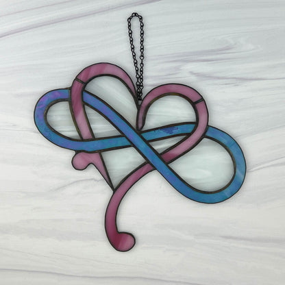 Modern Infinity Heart Suncatcher - Pink, Blue Iridescent and White Swirl
