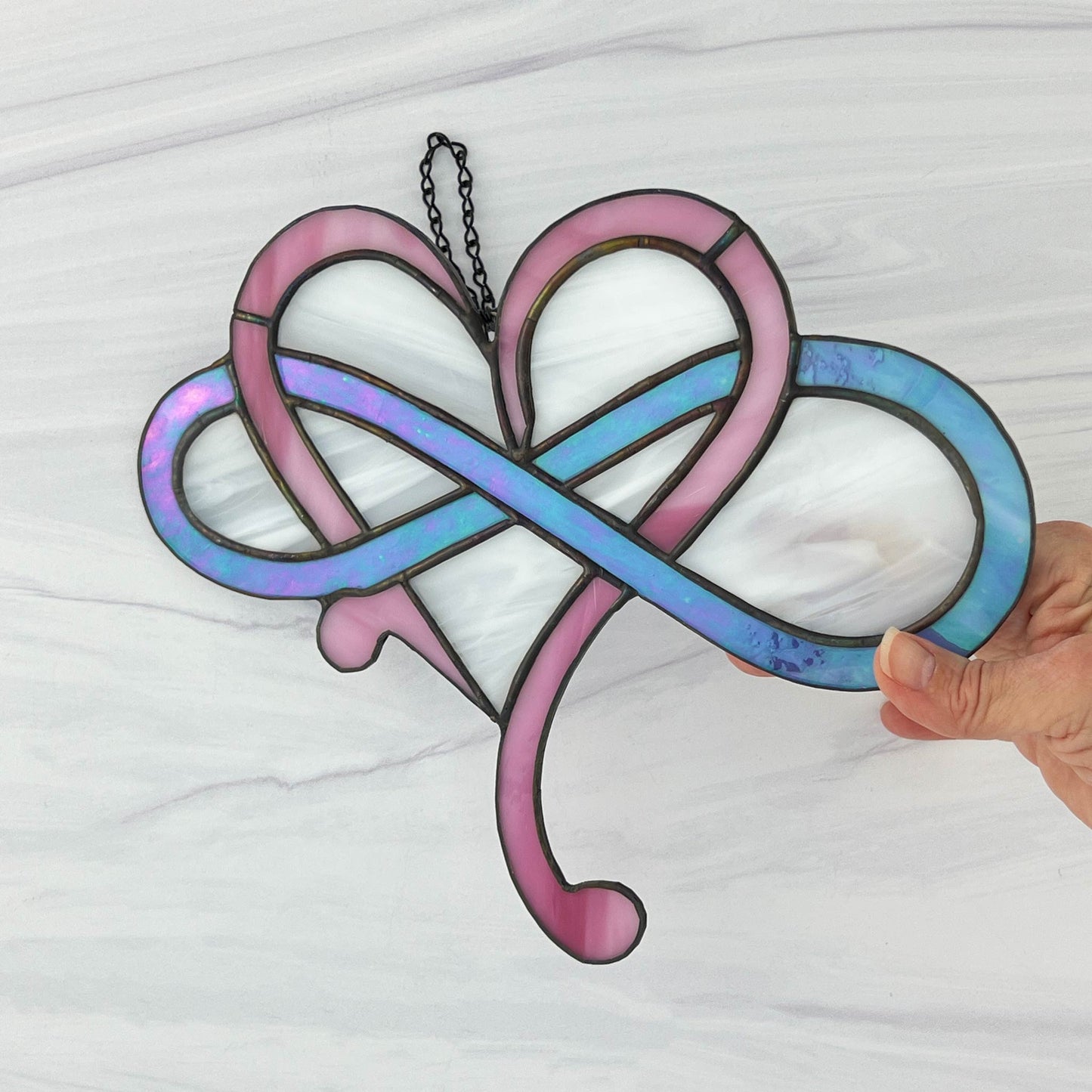 Modern Infinity Heart Suncatcher - Pink, Blue Iridescent and White Swirl