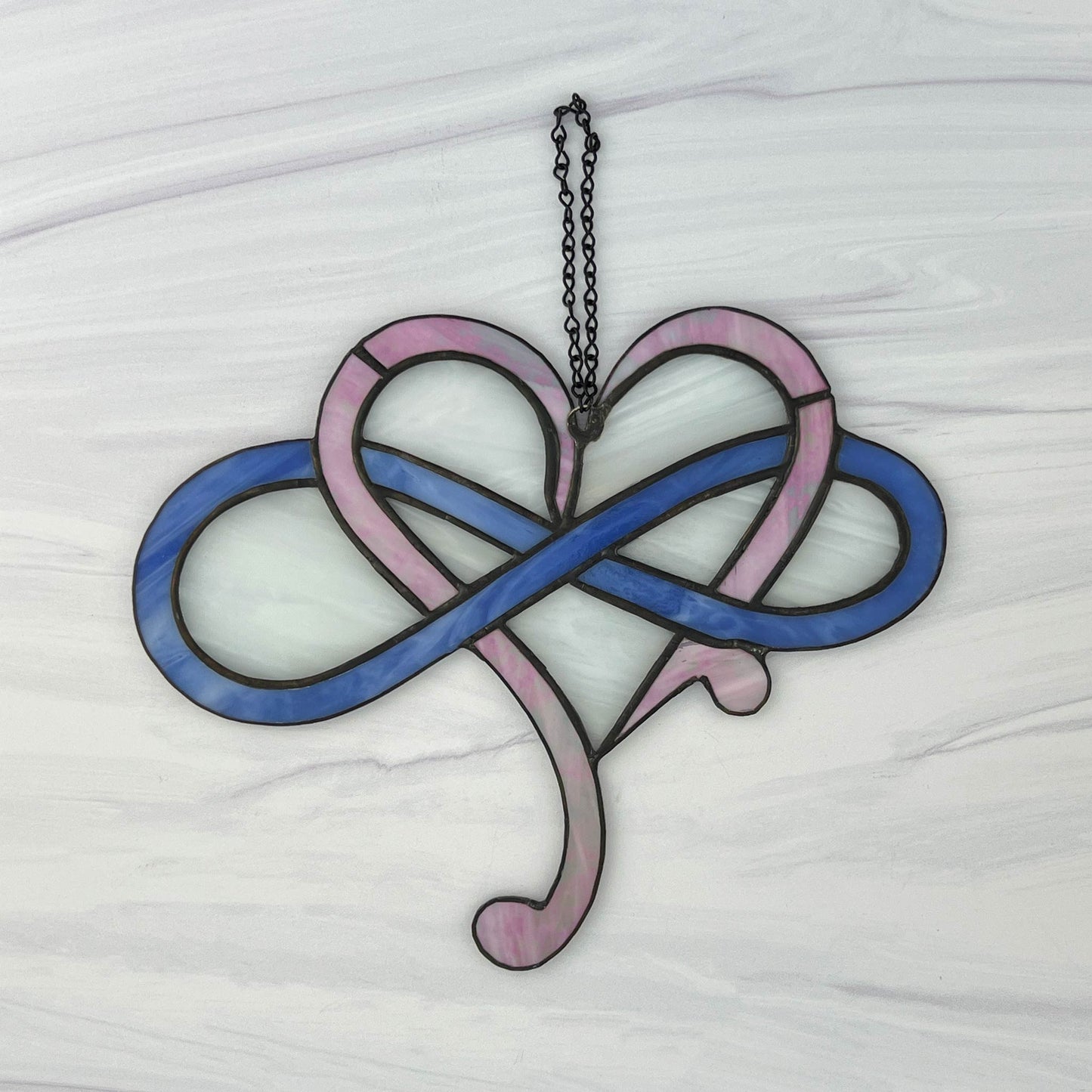 Modern Infinity Heart Suncatcher - Pink, Blue Iridescent and White Swirl