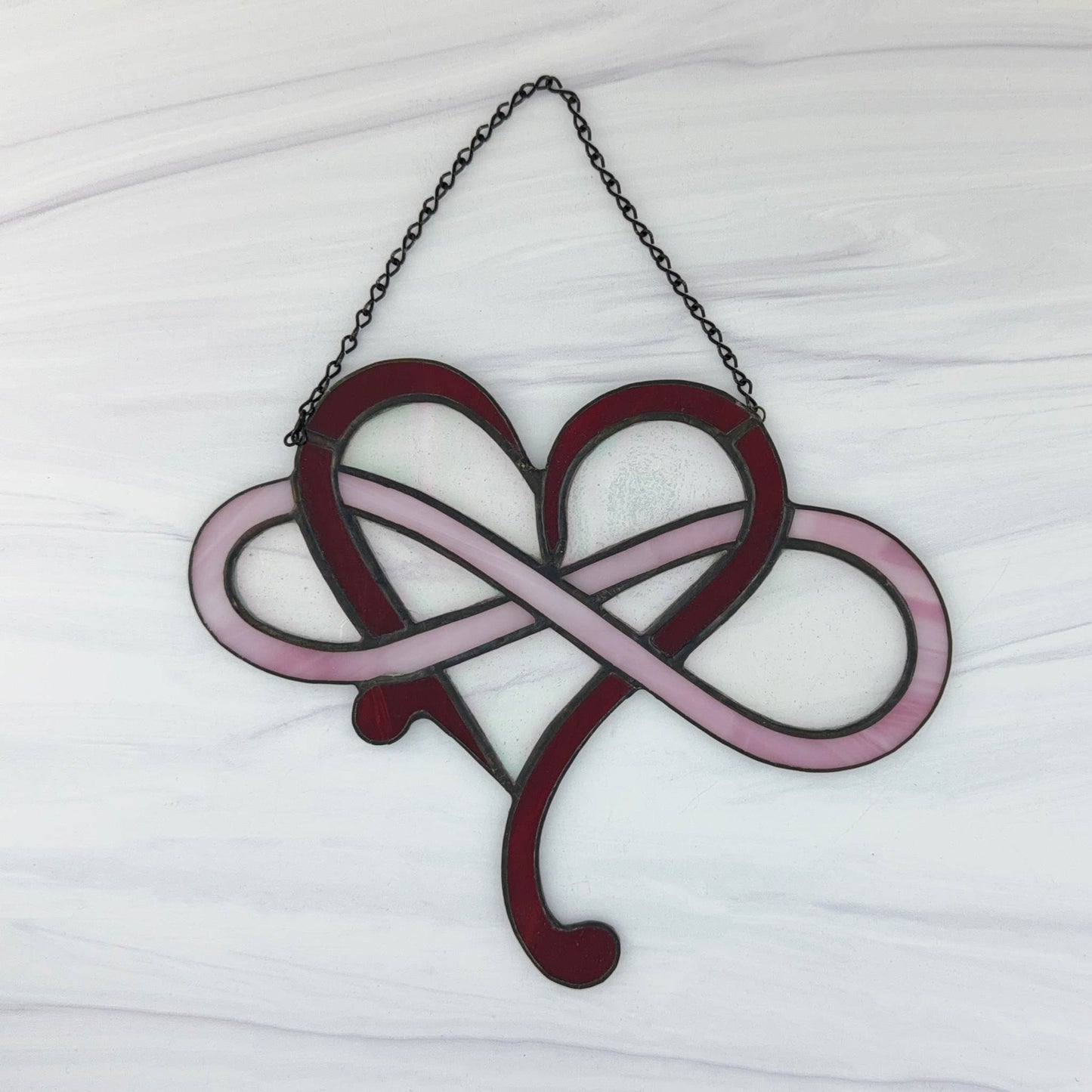Modern Infinity Stained Glass Heart Suncatcher - Red, Pink Iridescent, White Swirl