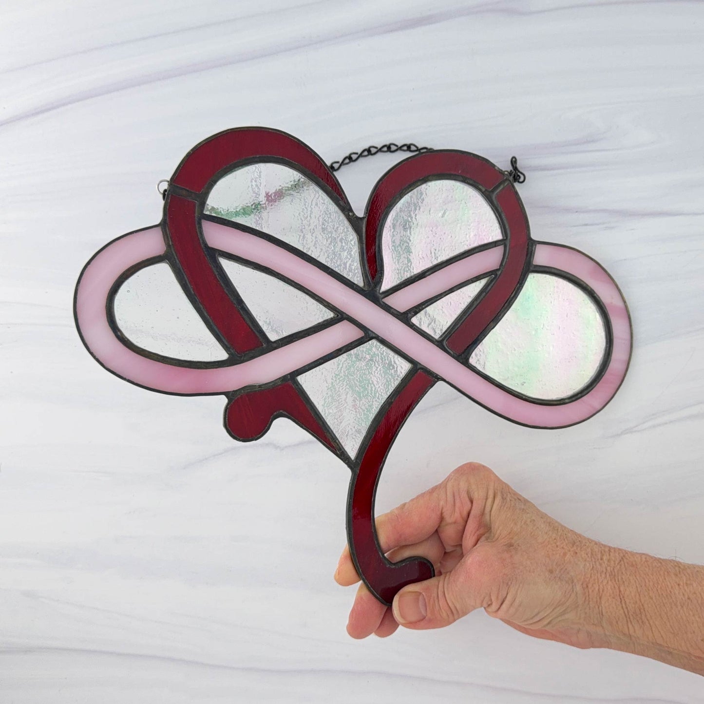 Modern Infinity Stained Glass Heart Suncatcher - Red, Pink Iridescent, White Swirl